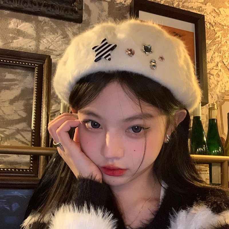23新款星星贝雷帽女秋冬季小众白色毛绒大头围帽子
