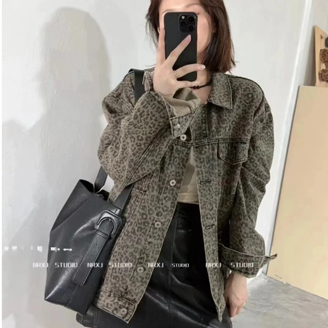 韩版 潮流 休闲 时尚 百搭 显瘦 宽松 豹纹 洗水牛仔外套