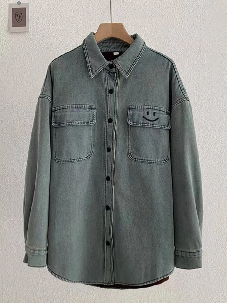 欧版 百搭 休闲 宽松 水洗加绒牛仔衬衫