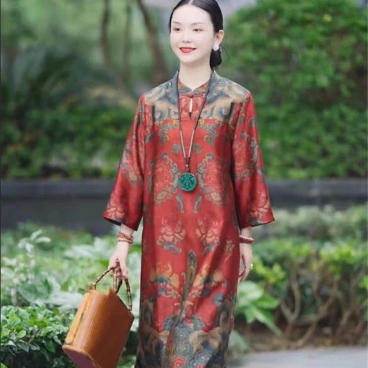 1001#高档复古旗袍连衣裙女2024春新款洋气质宽松婚礼妈妈装长裙