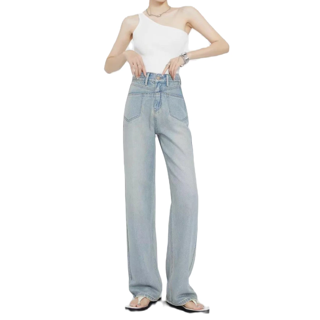 B-03【和】蓝色高腰直筒阔腿牛仔裤薄款拖地裤