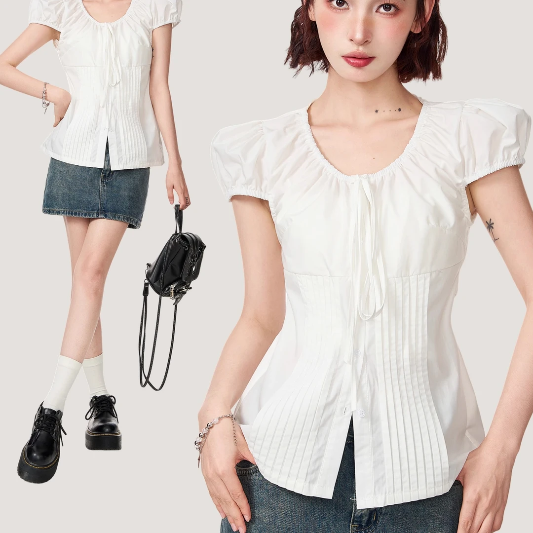 白色正肩短袖衬衫女夏夏季设计感小众收腰衬衣法式泡泡袖上衣