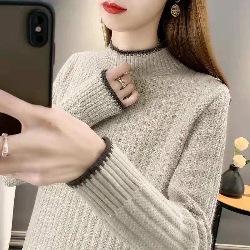 秋冬新款半高领针织打底衫加厚百搭宽松套头内搭外穿保暖红毛衣女