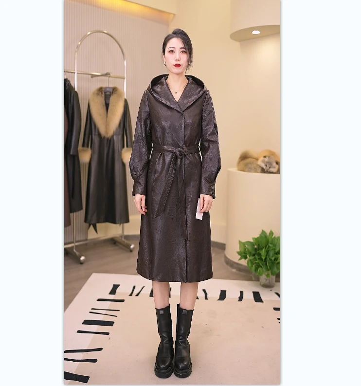 【欧葆拉】889125真皮皮衣女士全植鞣绵羊皮风衣外套长款