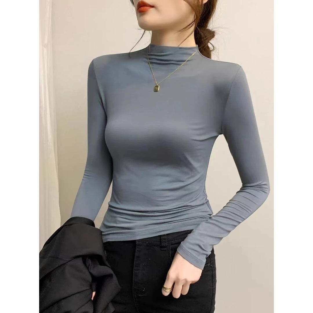 莫代尔高领打底秋冬季网红洋气纯色保暖秋季一字肩女打底衫黑色