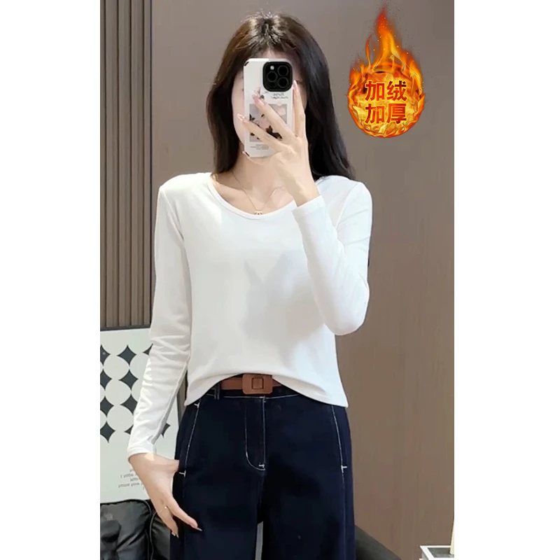 2024新款高档V领加绒打底衫女内搭大码T恤洋气正肩上衣时尚宽松
