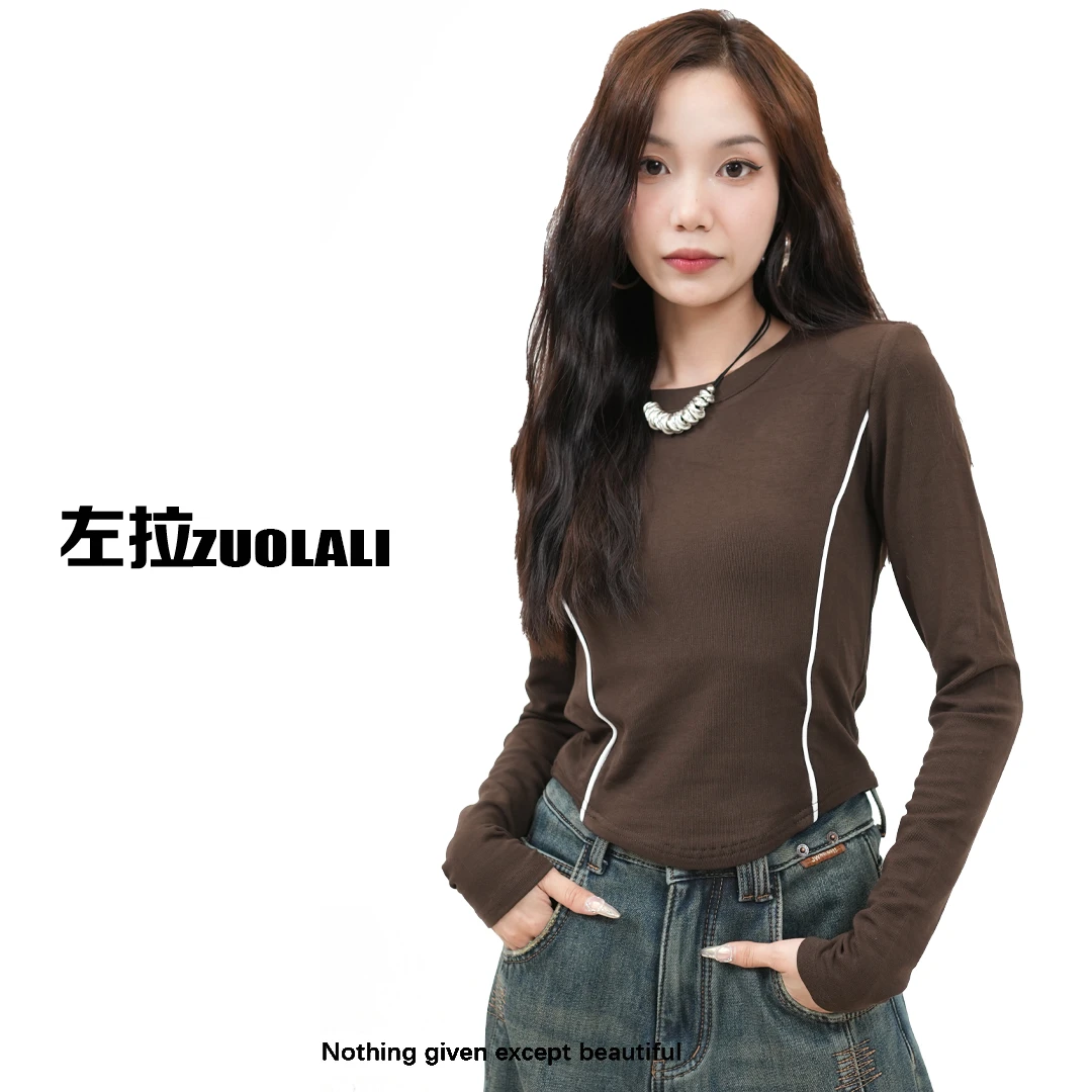 【元旦大促】‘蚂蚁腰’加绒辣妹短款撞色鱼骨垫肩长袖收腰圆弧打底衫
