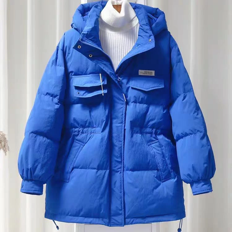 糖果色中长款羽绒服女2023年新款时尚洋气抽绳收腰显瘦粉色亮色冬