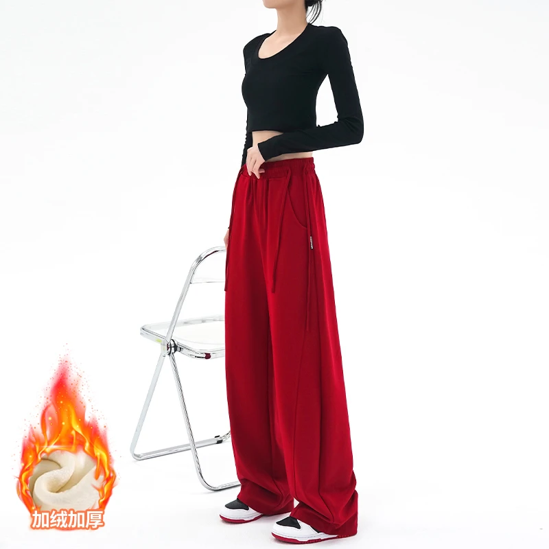 美式香蕉运动裤女秋冬加绒设计感抽绳宽松休闲阔腿垂感拖地卫裤潮