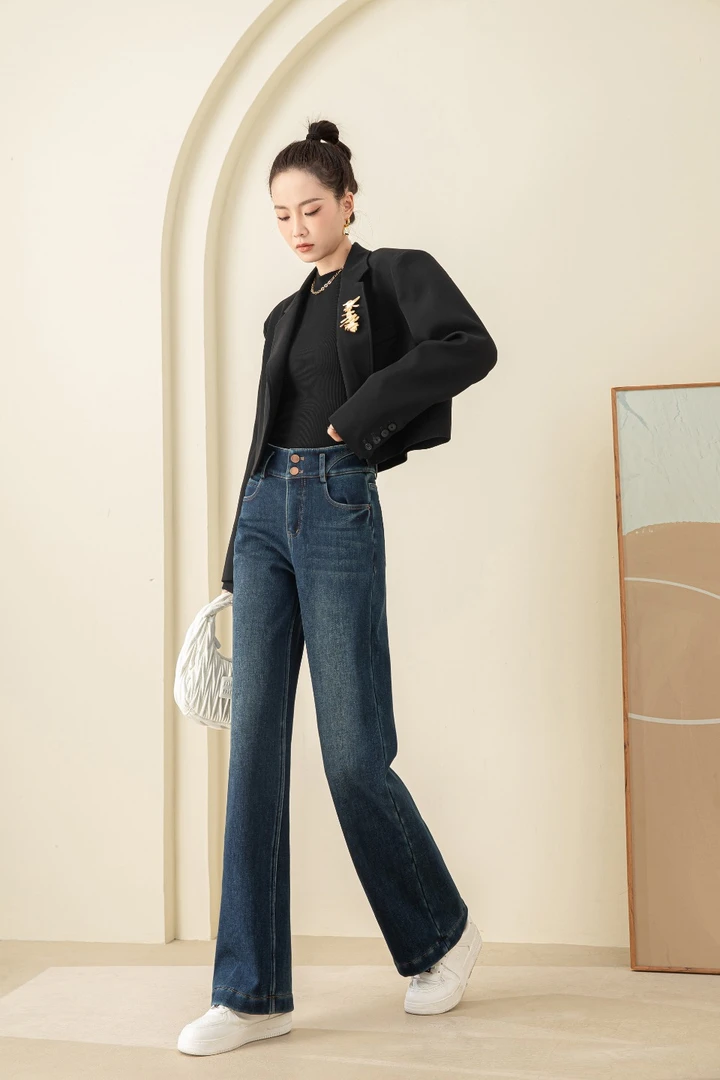 （现）HXSM 「蓝牛」冬防寒加绒加厚两扣设计窄版直筒裤牛仔裤8306