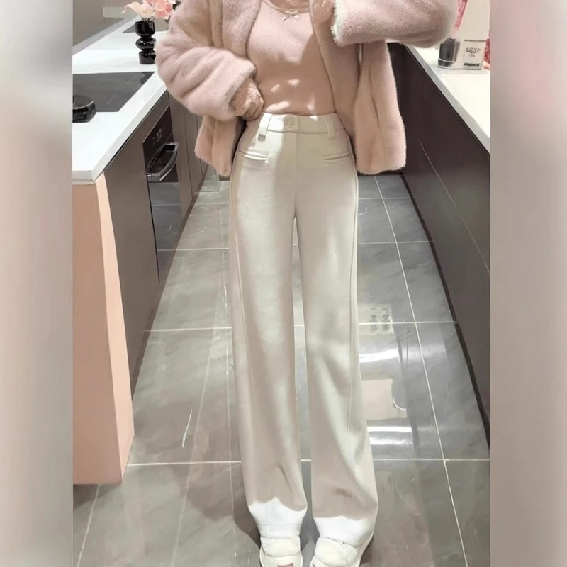 韩系白色高腰窄版直筒休闲裤女秋冬新款加绒保暖显瘦阔腿拖地裤子