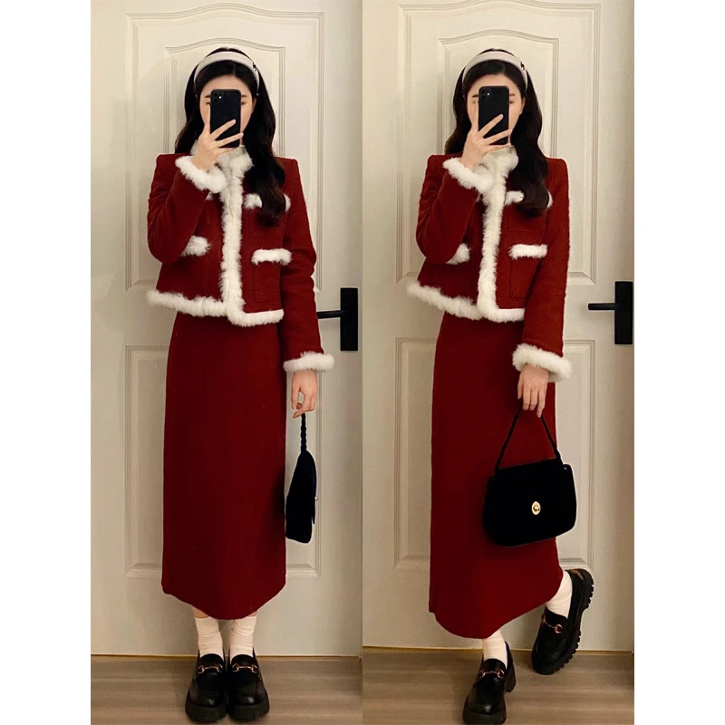 秋冬新款红色毛呢外套半身裙套装女气质名媛穿搭上衣长裙子两件套