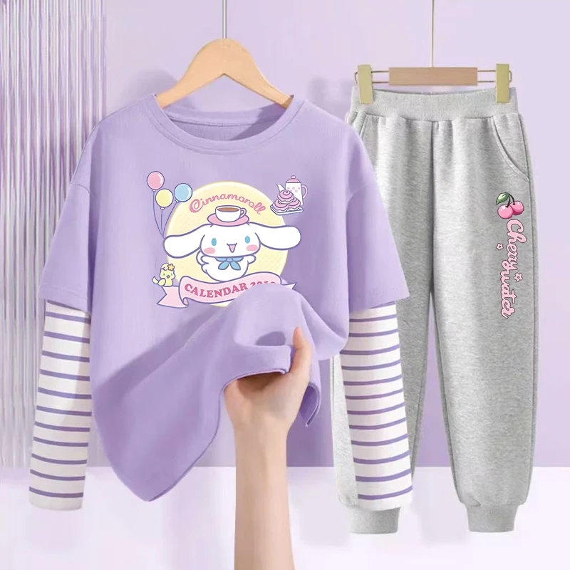 秋冬季女童圆领纯棉假两件套装中大童休闲百搭衣服女孩条纹两件套