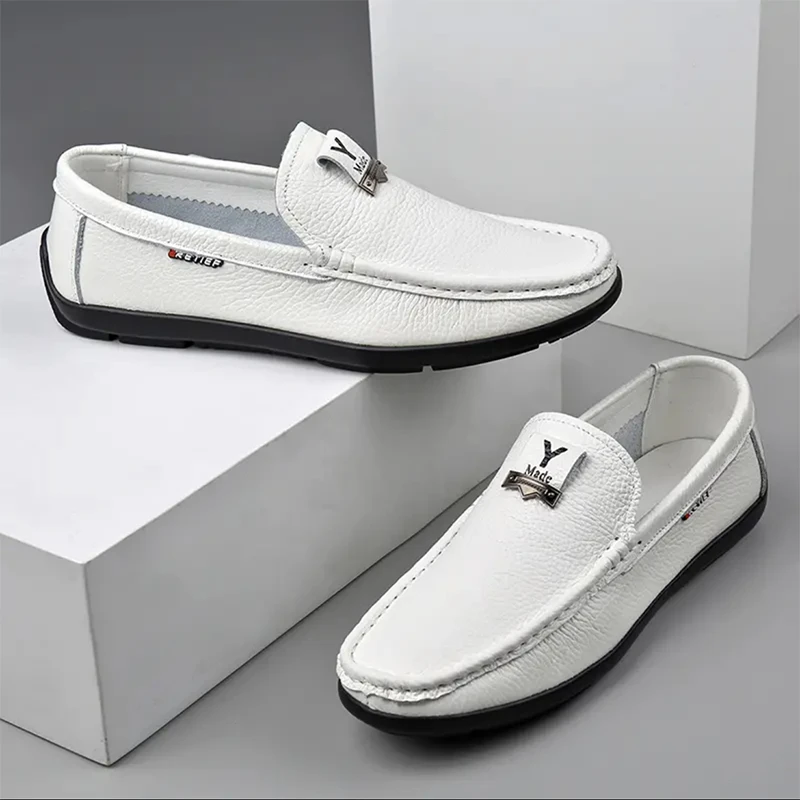 头层牛皮男士镂空透气英伦懒人豆豆鞋软底百搭真皮休闲皮鞋男白色