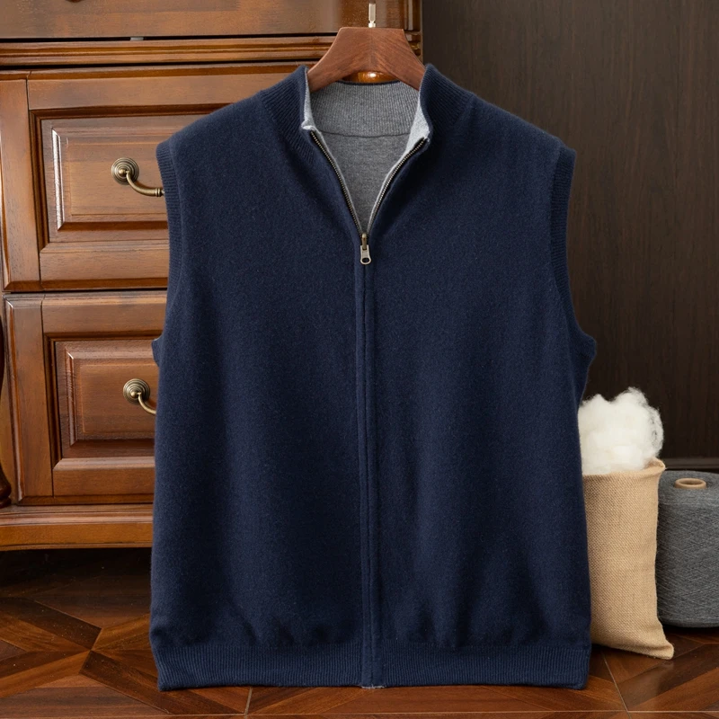 新款男士纯山羊绒马甲双层双面两面重磅加厚行政夹克拉链开衫M25