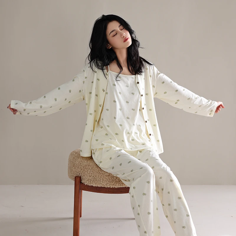 睡衣纯棉女春秋季套装家居服2025新款背心7A抑菌棉长袖长裤三件套