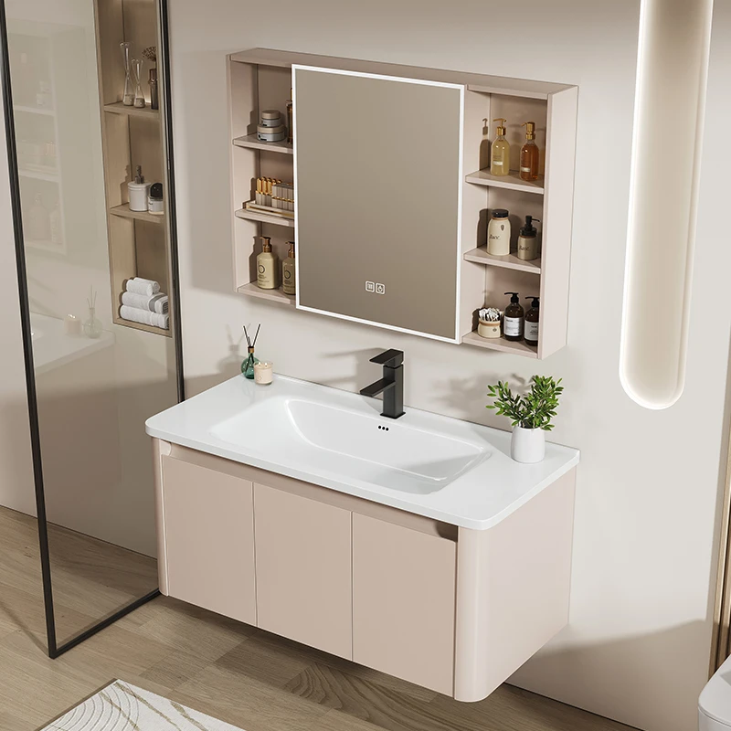 奶油风圆弧浴室柜卫生间陶瓷一体盆卫浴柜洗手台盆柜组合洗漱台盆