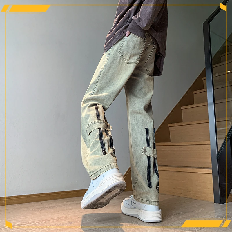 美式时尚百搭高街拉链牛仔裤男春季复古痞帅裤子宽松潮牌阔腿休闲