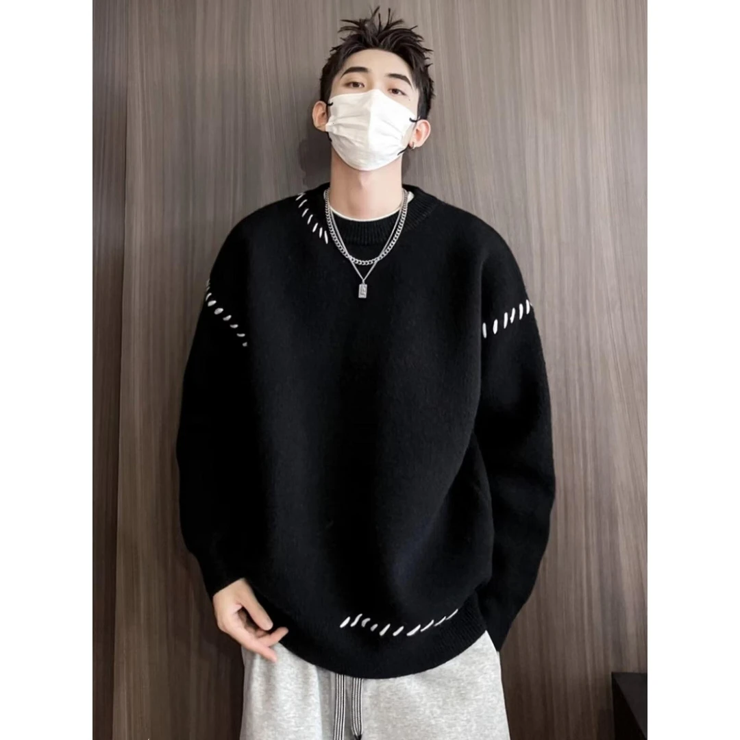 秋冬季新款毛衣男简约休闲百搭保暖美式时尚潮流韩版针织衫圆领潮