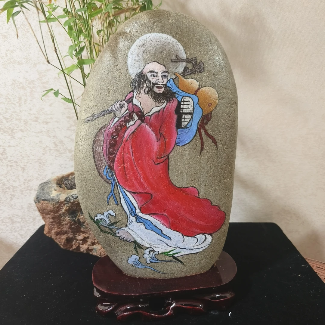 熊熊手绘石头画摆件 达摩尺寸26*15厘米