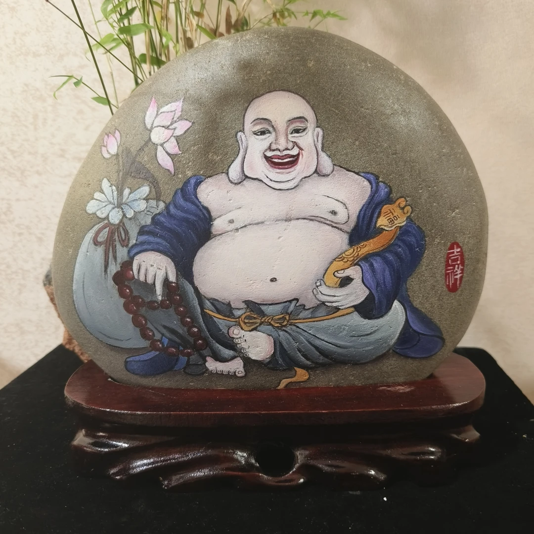 熊熊手绘石头画摆件弥勒佛尺寸22*20厘米