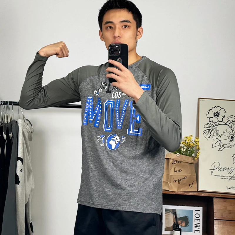 Movall长袖投篮服美式复古篮球宽松训练服印花t恤男速干春季新