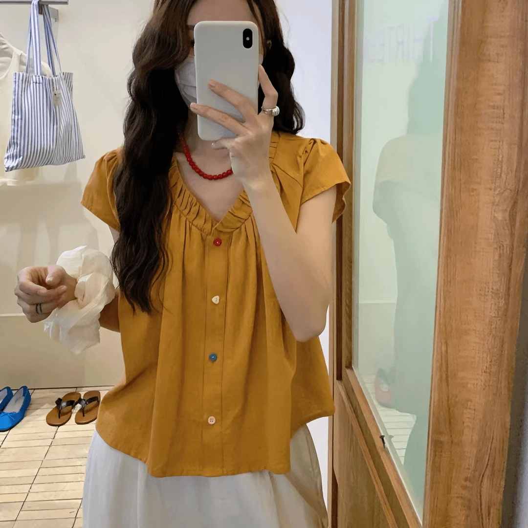 小个子定制焦糖色短袖衬衫女夏季短款温柔气质别致小衫爆款上衣