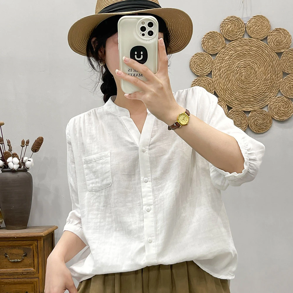 实体店品质断码清货纯棉文艺休闲宽松白色衬衫女柔软透气舒适上衣