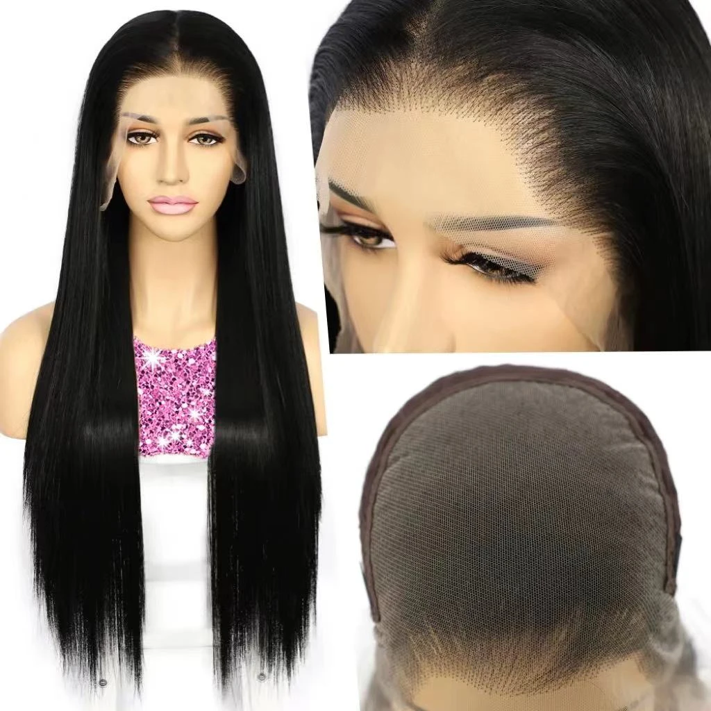 黑长直亚麻色欧美金13*6前蕾丝整顶假发头套高温丝化纤