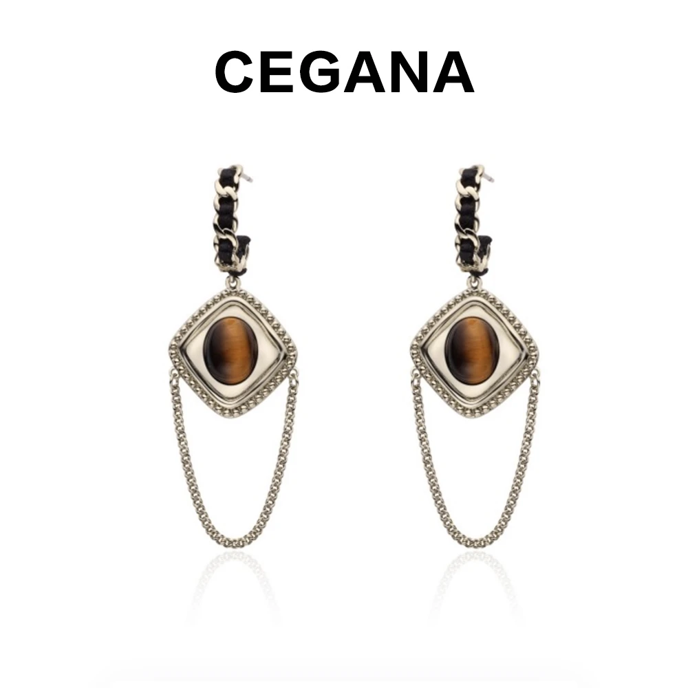 铜合金耳饰 CEGANA设计师时尚黑色手工虎眼石耳环百搭长款气质