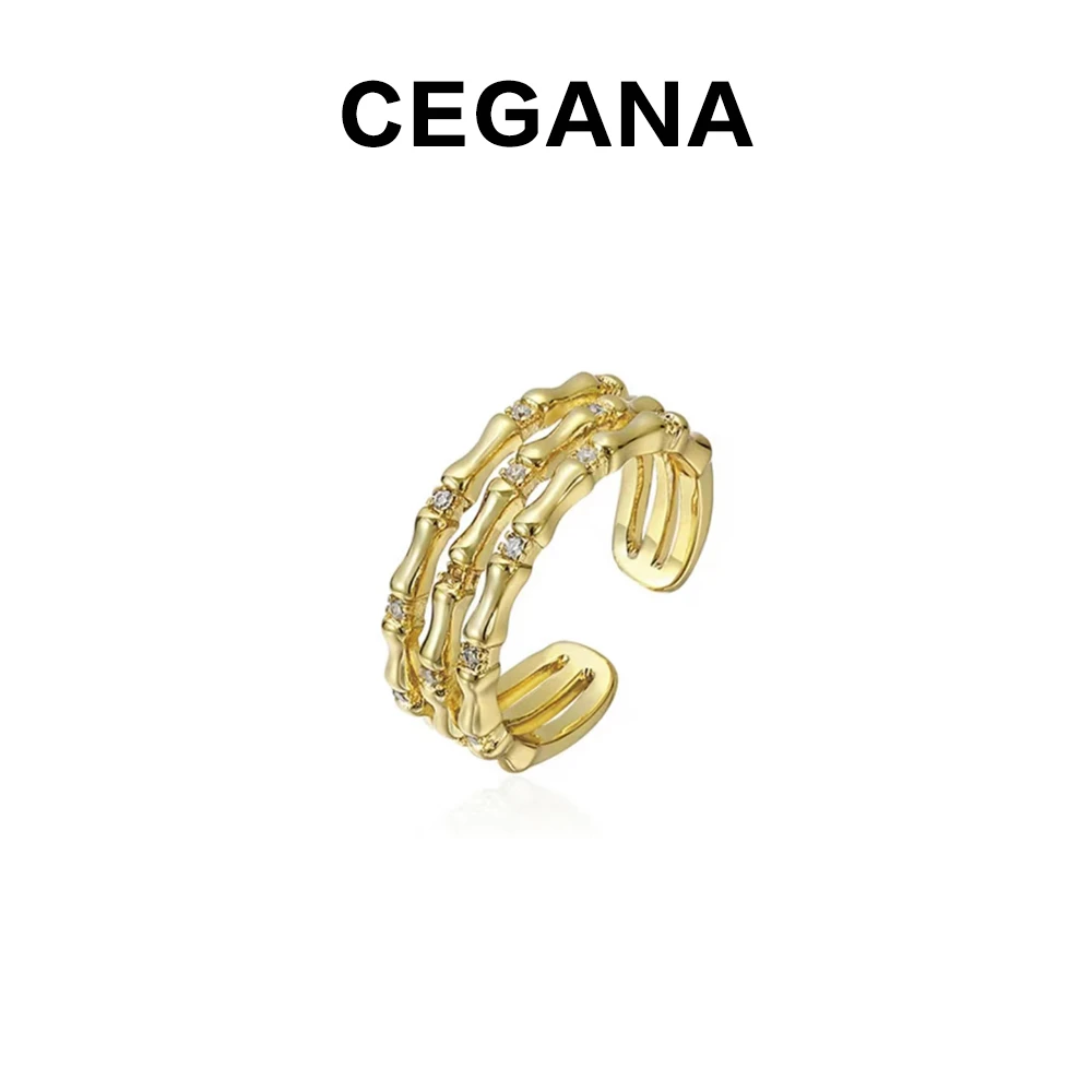 铜合金合成锆石戒指 CEGANA【节节高升】竹节镶钻戒指中古戒指