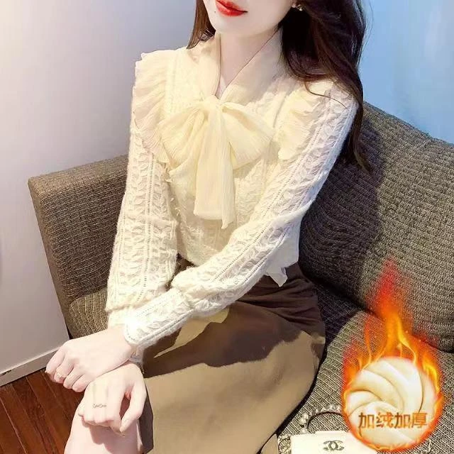 浪莎新款韩版蕾丝长袖打底衫女时尚薄款加绒内搭V领宽松外套简约