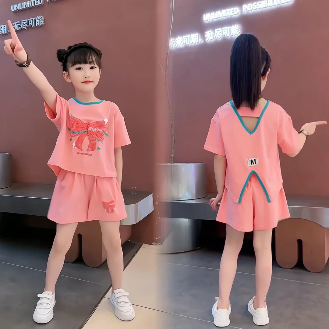 （萌娃夏季穿搭）2025韩版网红洋气纯棉蝴蝶结不规则短袖套装