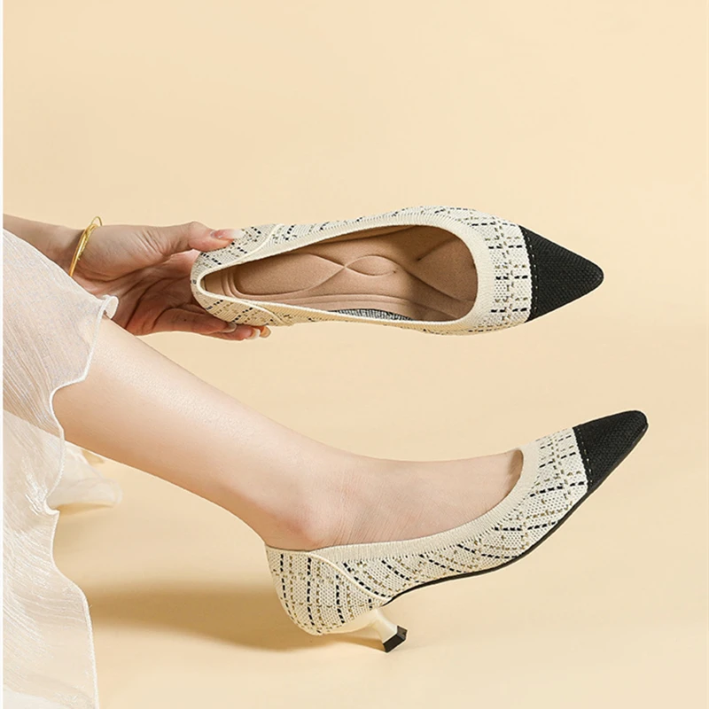 王妃鞋女2023新款浅口透气编织日系小香风气质单鞋中跟软底飞织鞋