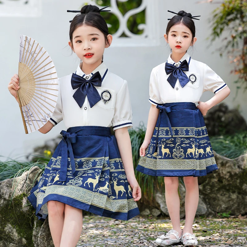 2025新款女童中国风马面裙套装轻柔透气儿童短袖短裙中国风套装