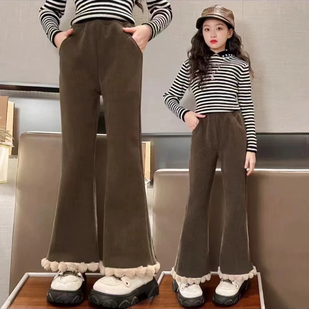 C192-3【拼色毛球咖色喇叭裤子】加绒女童童装裤子长裤