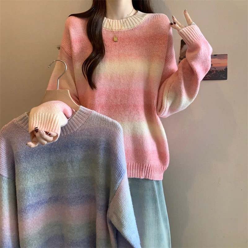 大码女装2024秋冬装新款百搭宽松遮肉显瘦条纹渐变色针织毛衣上衣