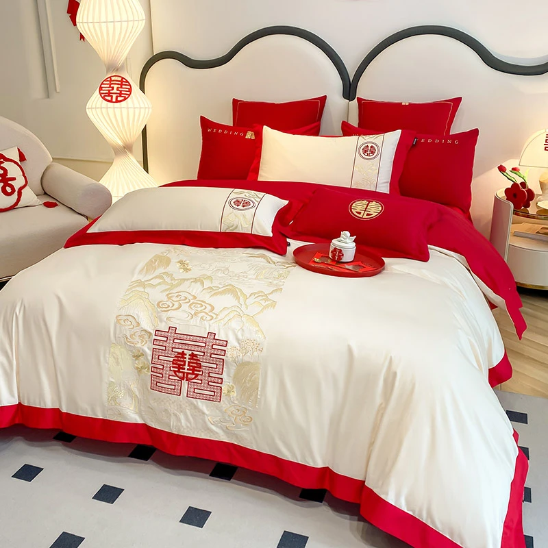 中式婚庆100S长绒棉四件套大红色结婚陪嫁全棉床单被套高级感床品