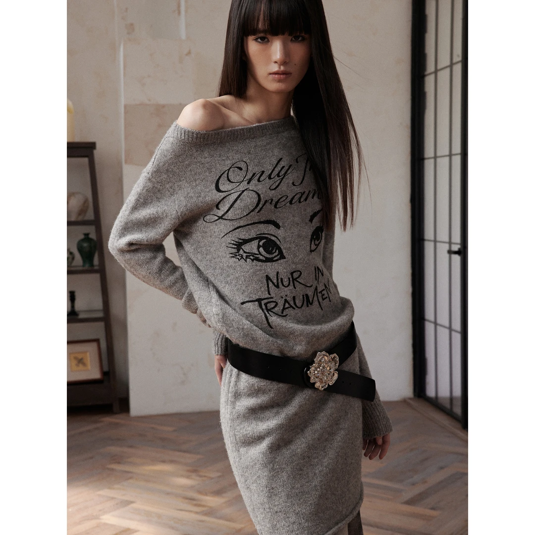 INSECTMODEL虫塑 秋冬新款一字肩设计感印花气质高级针织连衣裙女