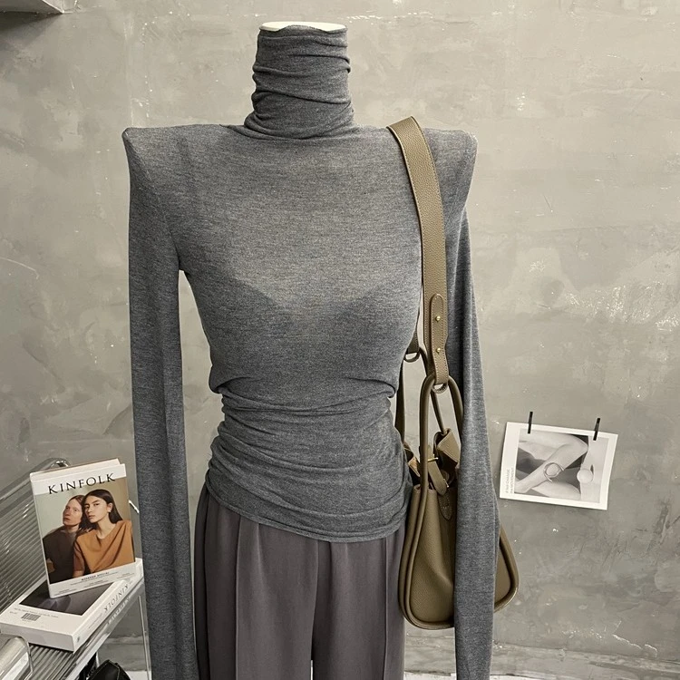 薄款微透～基础款堆堆领打底衫女高领长袖T恤纯色紧身内搭上衣秋冬