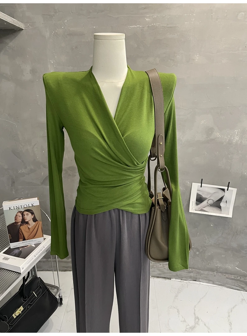 韩版洋气交叉Ｖ领长袖T恤女气质修身显瘦收腰内搭打底衫上衣秋冬装