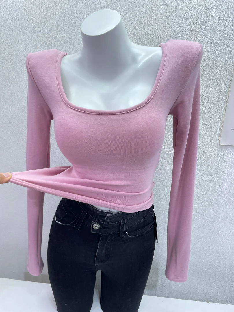 韩版气质方领垫肩长袖T恤女修身百搭带胸垫加绒加厚内搭打底衫冬