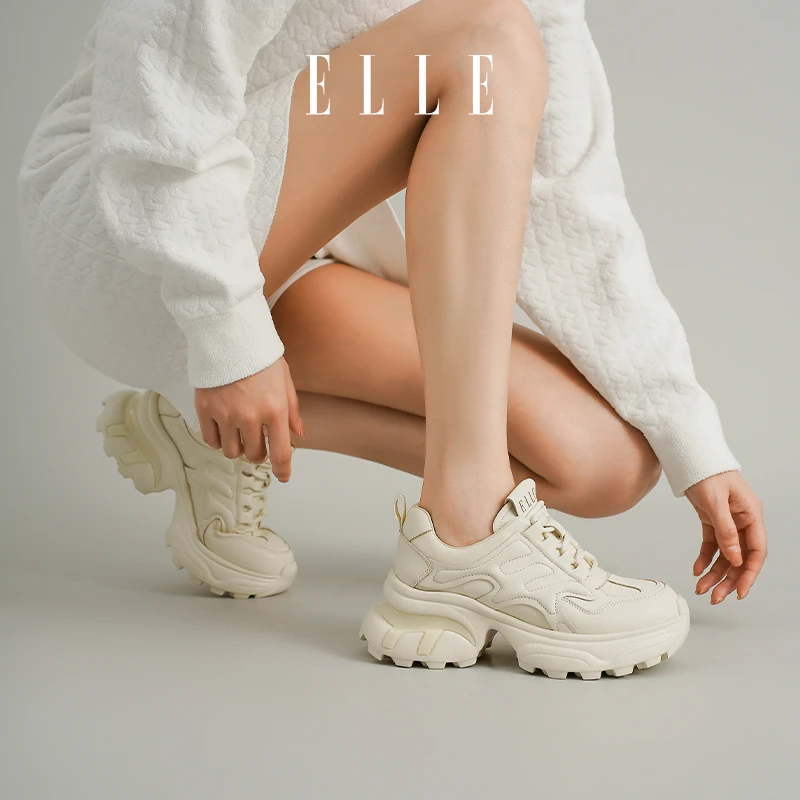 ELLE系带老爹鞋女2025夏新款时尚轻便运动厚底百搭休闲潮流小白鞋