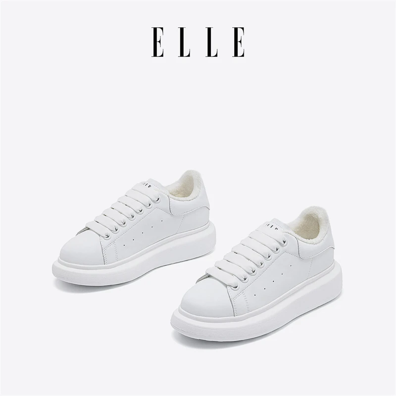 ELLE潮流厚底加绒小白鞋女秋冬季新款增高经典款百搭圆头休闲板鞋