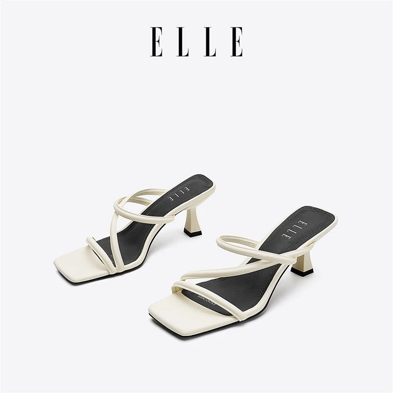 ELLE法式高级感细交叉带拖鞋女2025新款夏季百搭方头细跟高跟单鞋
