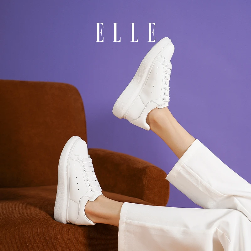 ELLE白色鞋子2024新款秋冬季女鞋增高板鞋厚底松糕板鞋运动小白鞋