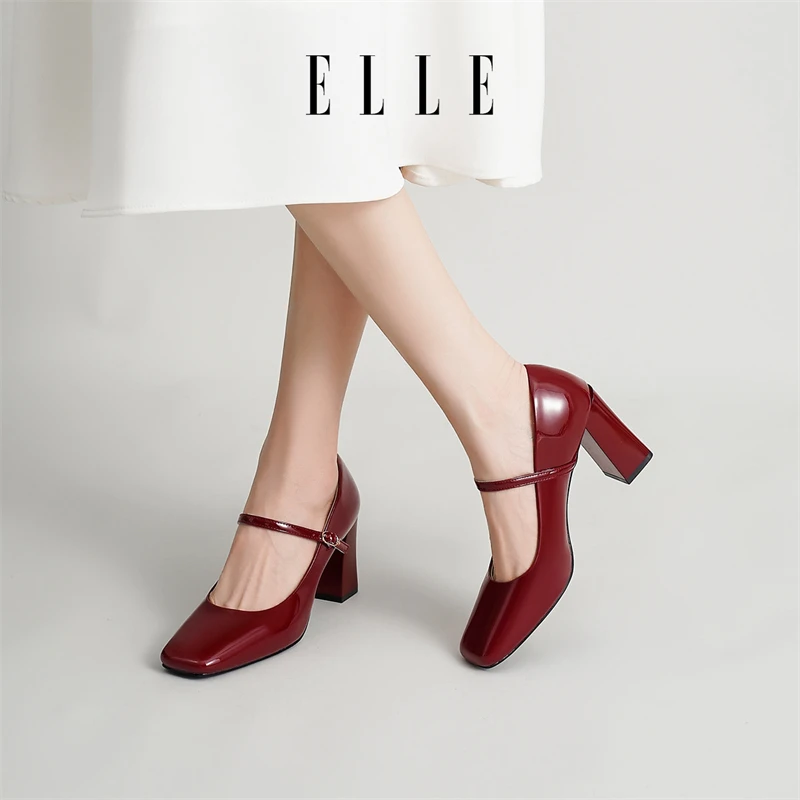 ELLE红色高跟鞋女粗跟2025红鞋夏季时尚百搭方头单鞋玛丽珍女鞋