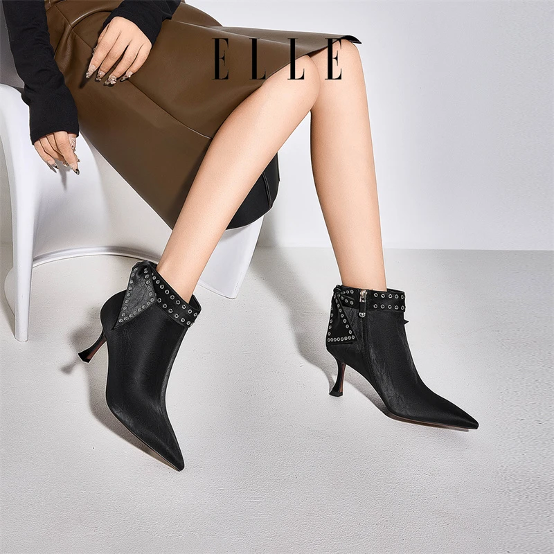 ELLE尖头铆钉短靴女2025年秋季新款欧美风小众设计性感细跟小踝靴