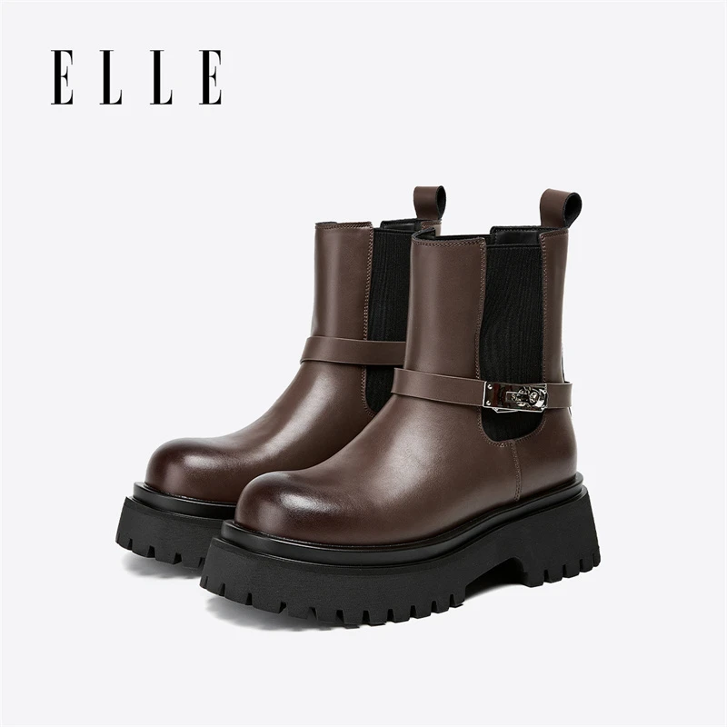 ELLE一鞋三穿马丁靴女新款秋冬季复古烟筒靴百搭弹力气质切尔西靴