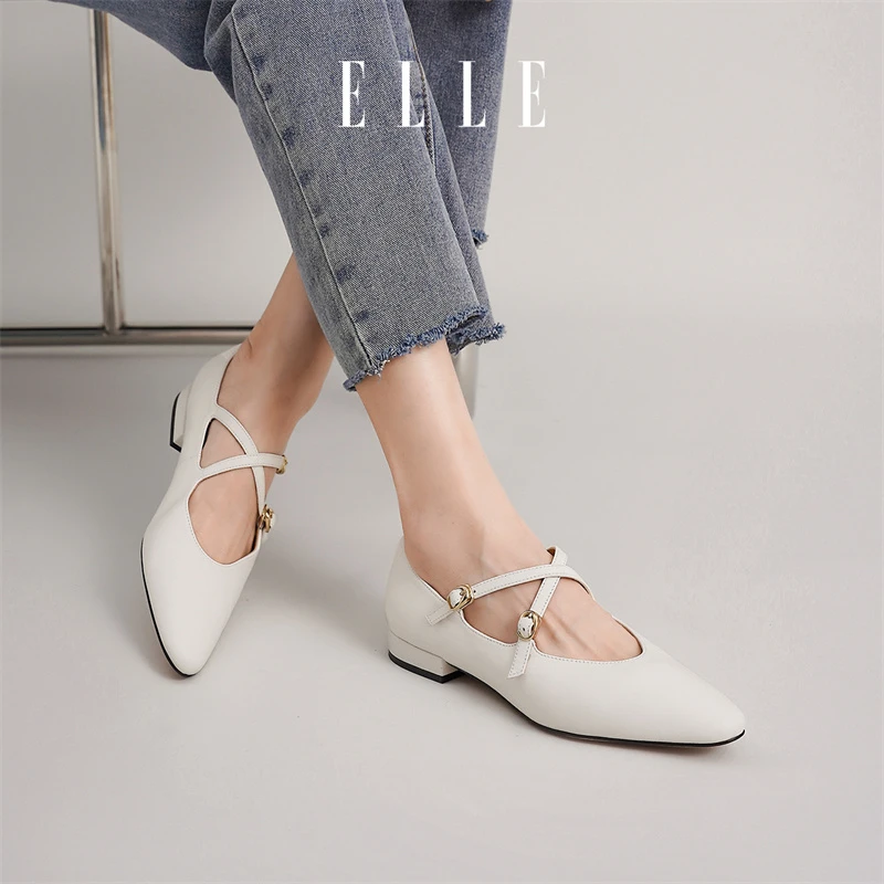 ELLE法式复古芭蕾鞋女2024夏季新款交叉带粗跟方头低跟玛丽珍单鞋